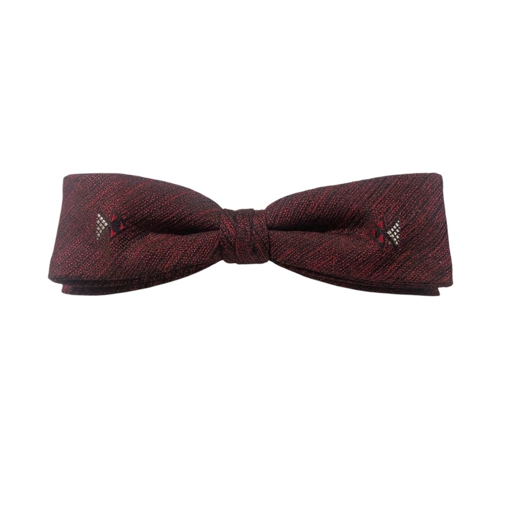 Vtg Slim Clip On Bow Tie Geometric Pattern Retro Hipster Prom Maroon Burgundy